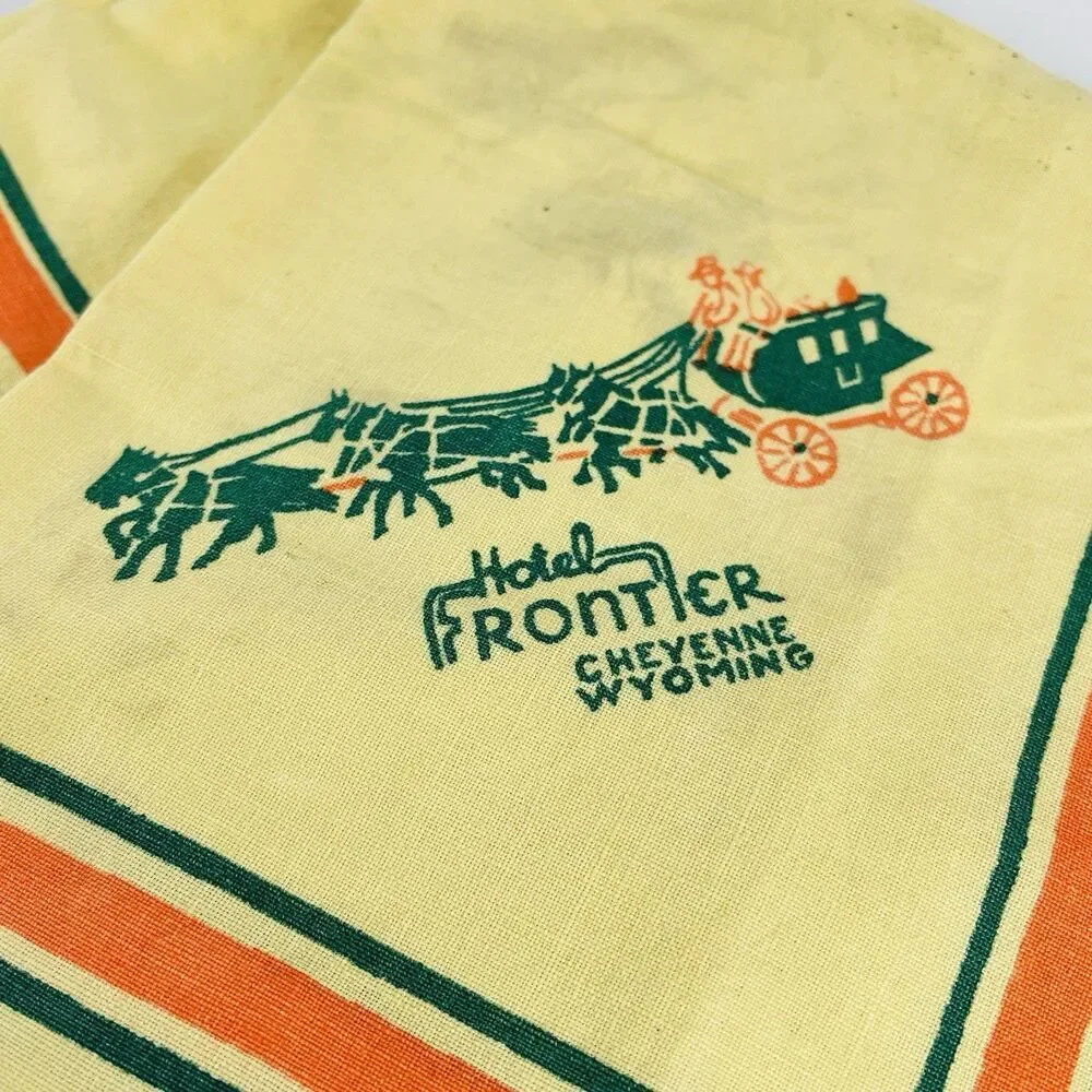 VTG Hotel Frontier Cloth Napkin Cheyenne Wyoming 15x16 Motel Old West Stagecoach